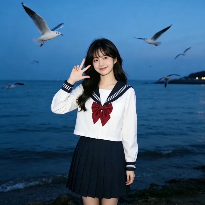 JK School Uniform Collar Sailor Suit, Sweet Three-Line Design, Japanese College Style for Graduation Photo & Daily Campus Wear