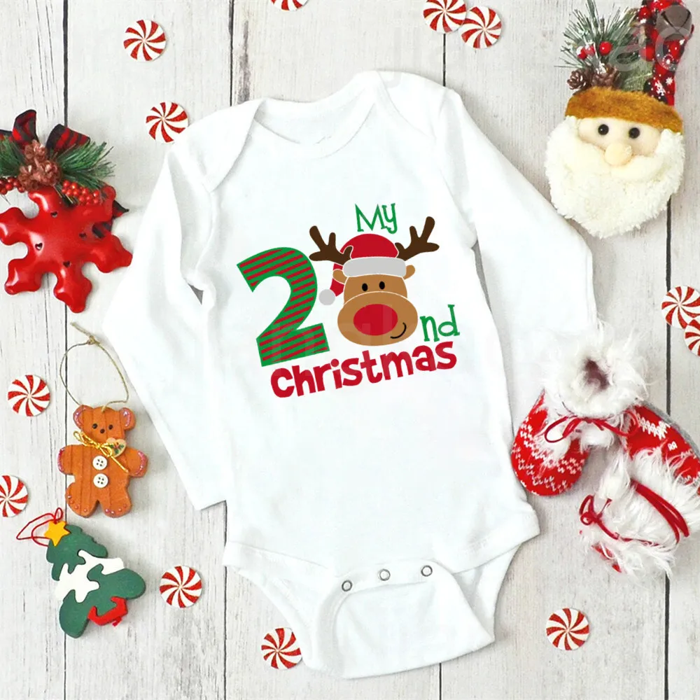 2nd Christmas Deer Printed Baby Romper Boys Girls Xmas Party Outfit Toddler Long Sleeve Bodysuit Child Winter Holiday Jumpsuit