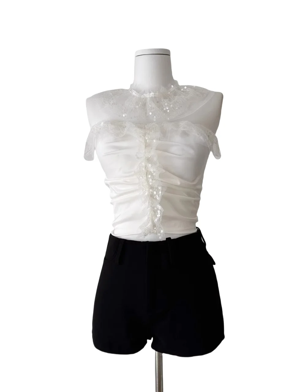 White Me Design iny Sequin Anti-Slip Slimming Strapl Tube Top Set Fashion Wanita Musim Panas 2025 round Neck Overhead orts