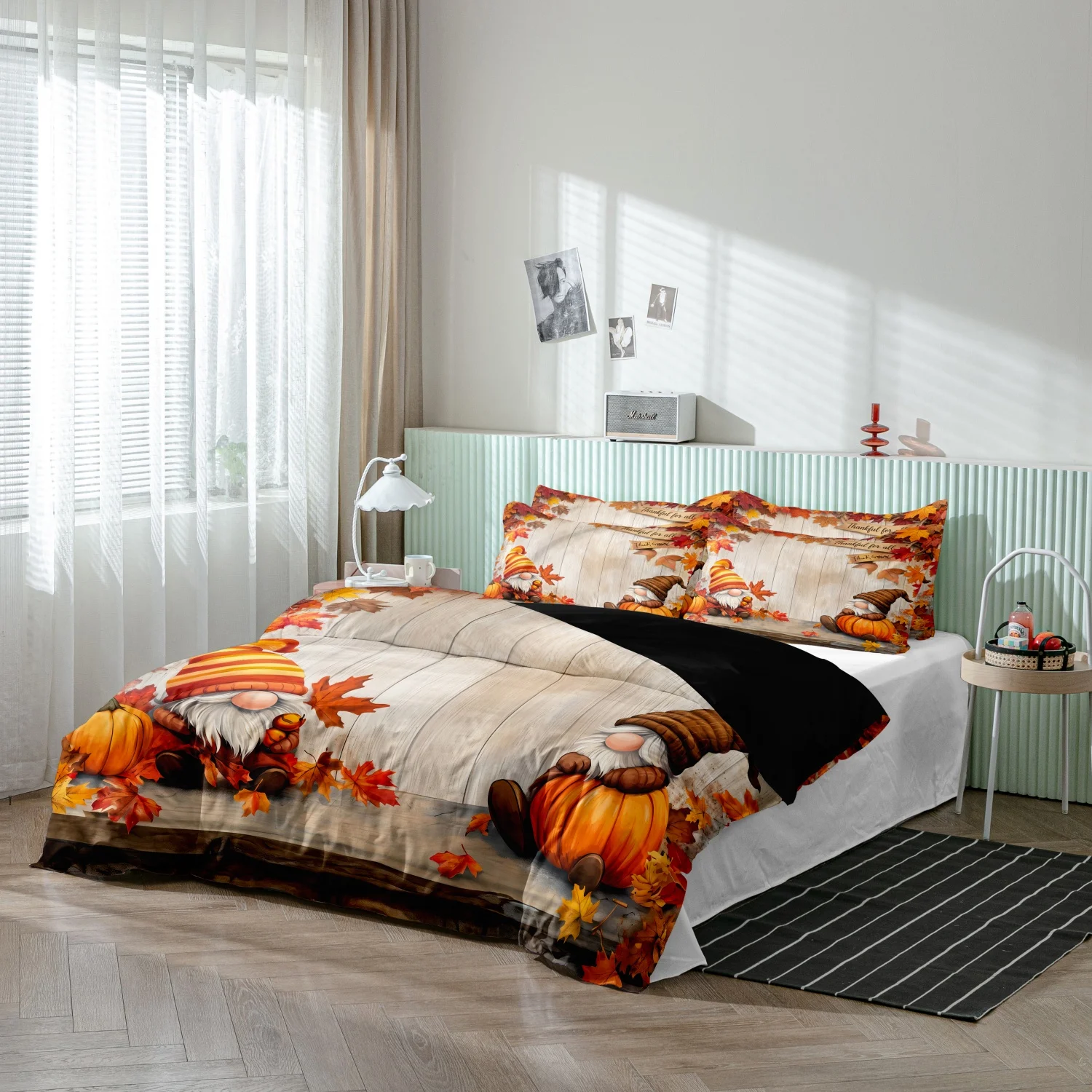 3 Pieces Fall Harvest Thanksgiving Print Duvet Cover Set, Rustic Wood Cute Gnome Pumpkin Maple Leaf Print Bedding