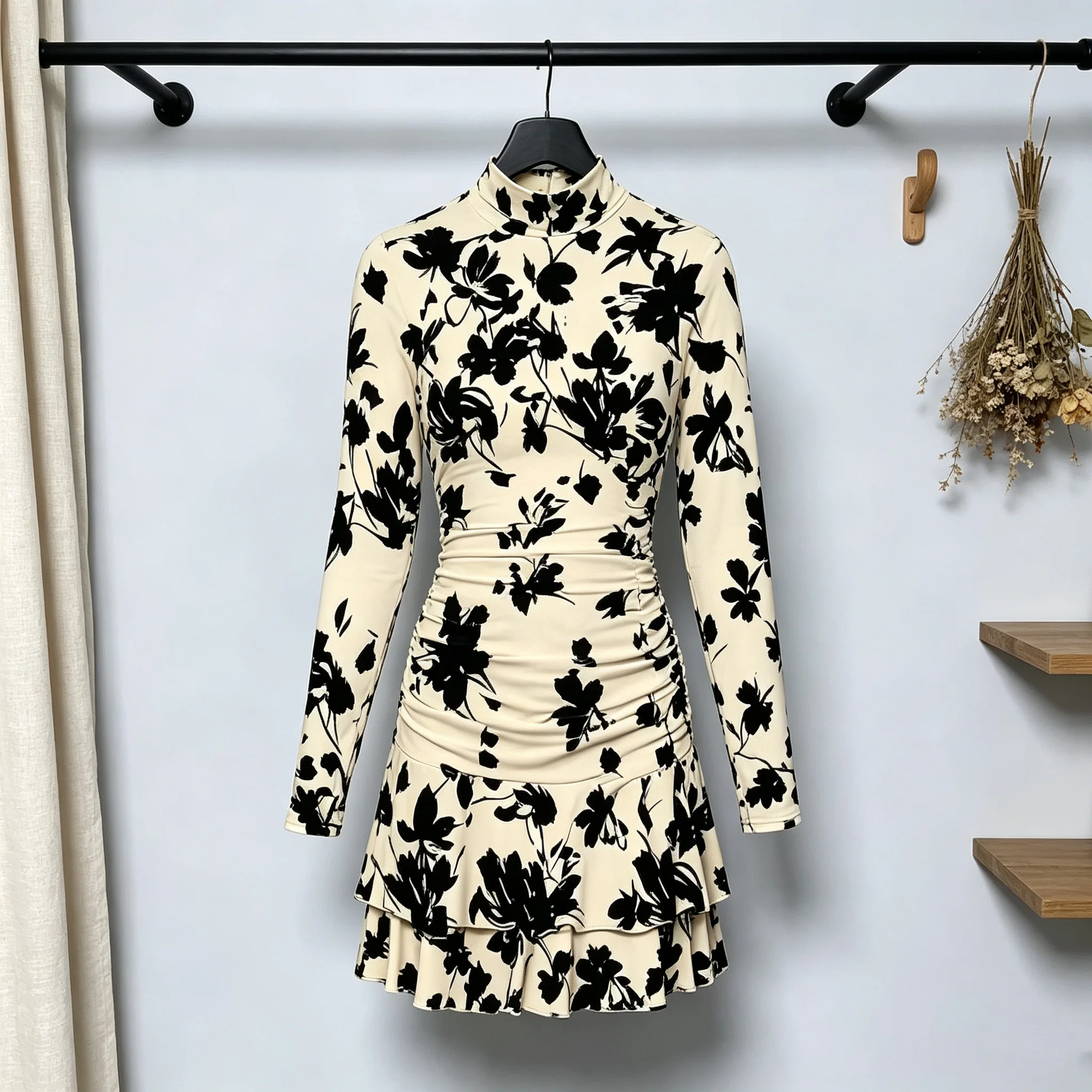Women's High Neck Long Sleeve Floral Leaf Print Dress Autumn Waist Cinching Mini A-Line Skirt Casual Elegant Style