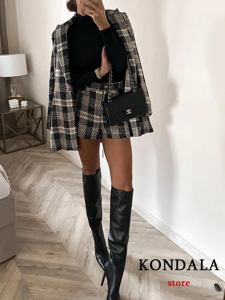 KONDALA Office Lady Plaid Twist Blazer Women V Neck Pocket Oversized Long Jackets Fashion 2024 Vintage Female Blazer Stylish Top