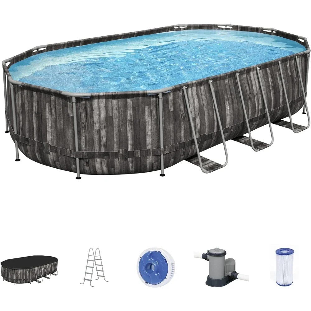 

Power Steel 20' x 12' x 48" Oval Metal Frame Ground Outdoor Swimming Pool Set with 1500 GPH Filter Pump, Ladder, and Pool Cover