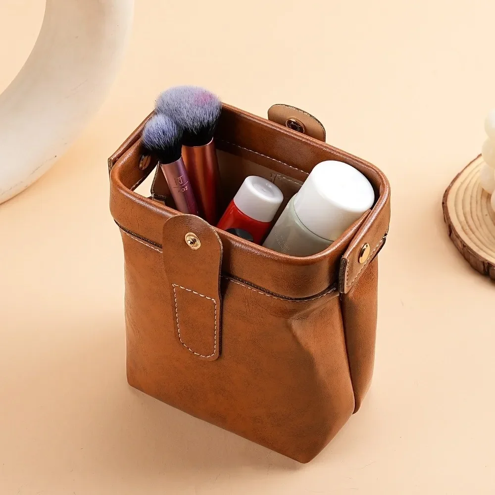 Casual PU Leather Cosmetic Bag Button Large Capacity Coin Purse Solid Color Makeup Case