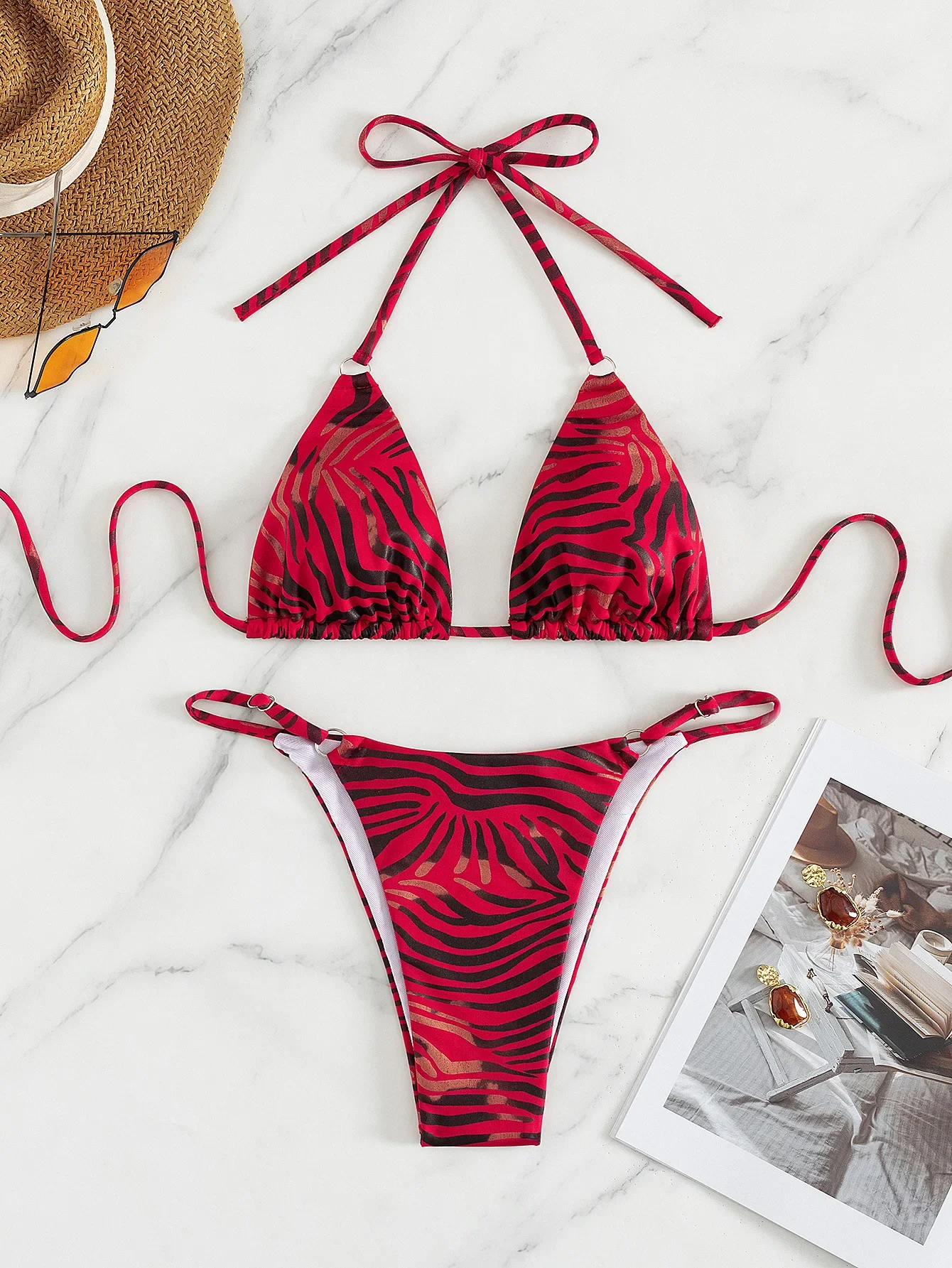 

Sexy Red Zebra Print Bikini Set 2025 Women Brazilian Meta Ring Push Up Bra Thong Swimsuit Beach Bathing Suit Micro Swimwear