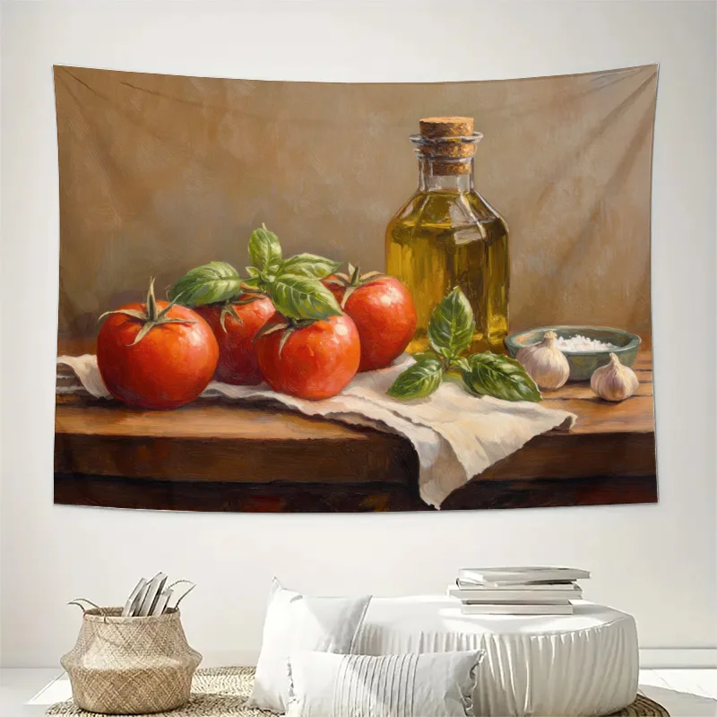 Mediterranean Italian Still Life Tomato Basil Olive Oil Kitchen Wall Tapestry Canvas Print Decor Artwork Rustic Farmhouse Style