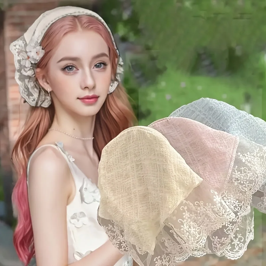 2pcs Gentle Wind Cutout Lace Head Scarf Triangle Scarf