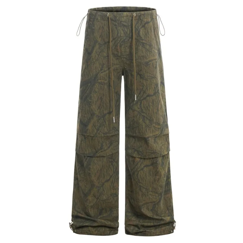 OR FL Baggy Staraight 97 Cotton Women Paratrooper Pants Fold Trendy Brand Wood Grain Retro Design Sense Tie the Feet Slacks Y2k