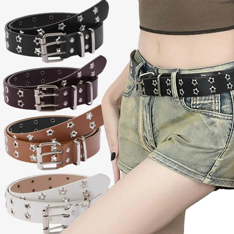 Gothic Black Punk Style Chain Belt Adjustable Hollow Star Double Breasted Metal Buckle Leather Jeans Waistband Belts for Women