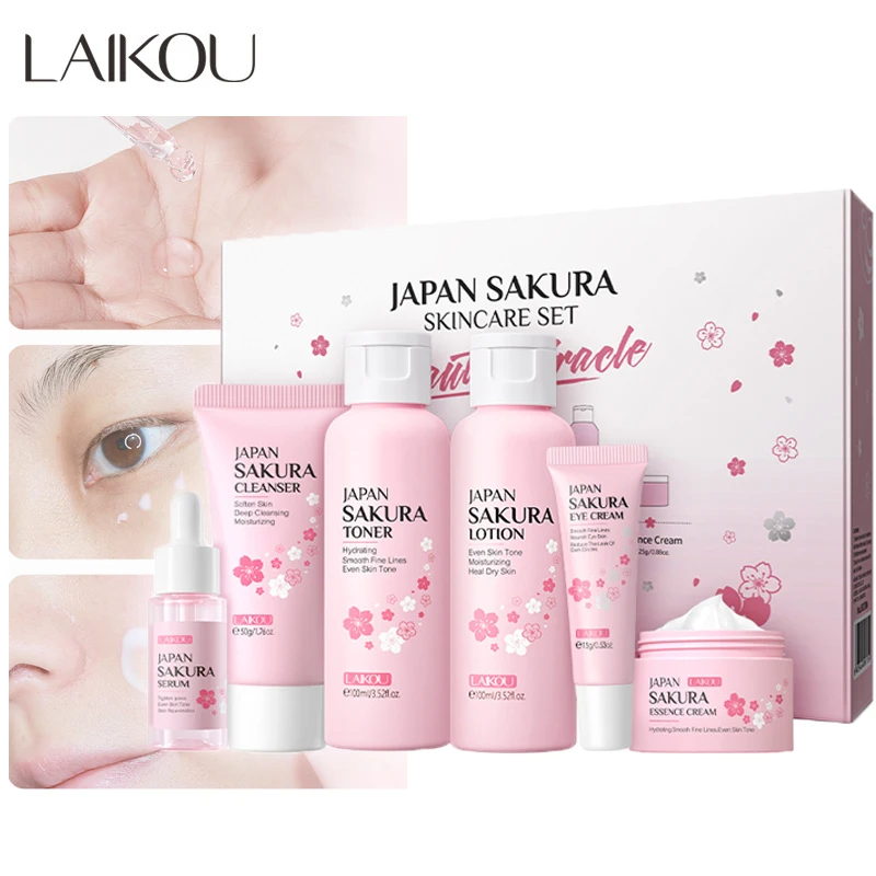 Sakura Skin Care Set Facial Cleanser Moisturizing Face Cream Sunscreen Nourish Mask Toner Eye Cream Brightening Facial Serum