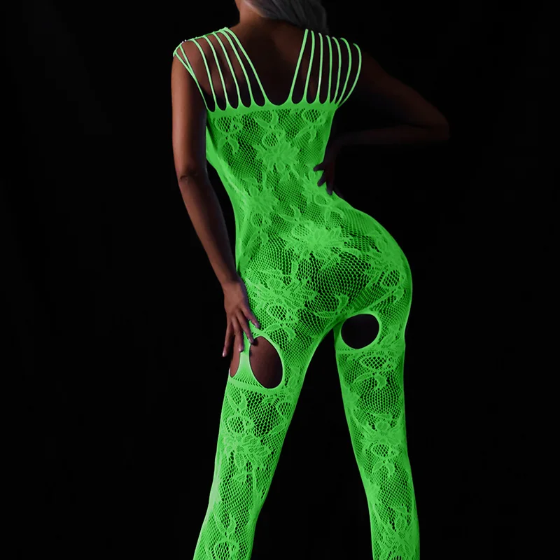 Bodystocking Plus Size Glow In The Dark, Lingerie Jaring Ikan yang Dapat Dilepas, Bahan Mesh Transparan, Berlubang, Pakaian Tidur Sensual