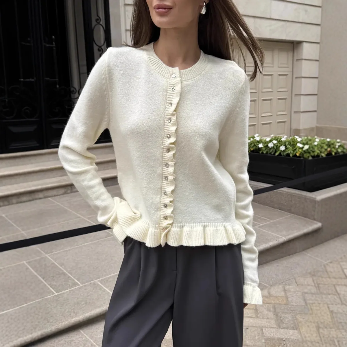 Autumn Winter Long-Sleeved Ruffle Edge Knitted Cardigan Single-Breasted Casual Solid Color Sweater Cross-Border New Models
