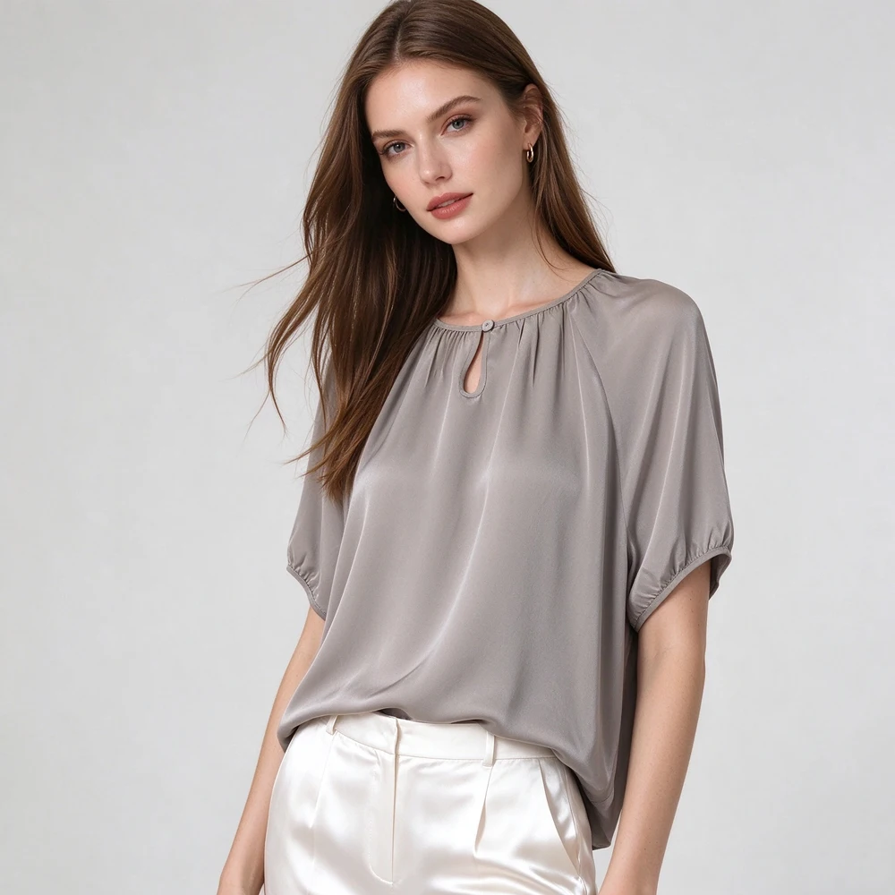 Women's Casual Clothing Gray 100% Natural Mulberry Silk Crepe De Chine Skin Friendly Versatile Round Neck Short Sleeved T-shirt