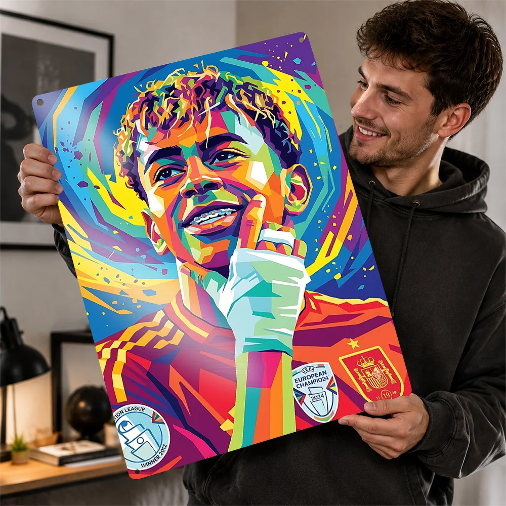 Lamine Yamal Pop Art Portrait Metal Poster Perfect Gift for Fans Lovers Personalized Wall Art Metal Sign for Decor Luxury Home