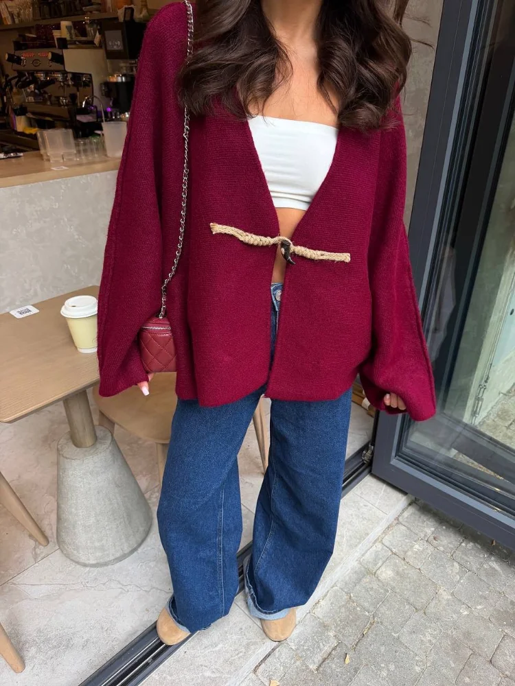 Womens Burgundy Chunky Knit Cardigan V Neck Toggle Button Loose Fit Sweater Autumn Winter Casual Party Streetwear Long Maxi Coat