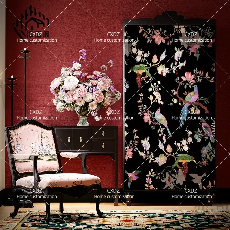 Medieval Chinese Flower and Bird Wardrobe Solid Wood Vertical Cabinet for Living Room Porch Multi-functional Storage Locker