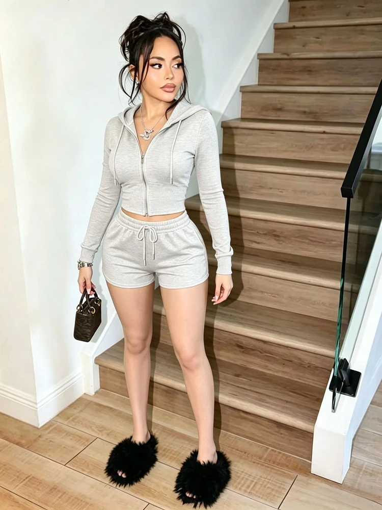 Herbst Damen Cropped Hoodie mit Reißverschluss, Shorts mit Kordelzug, Lounge-Set, lässige, gemütliche zweiteilige Schlafbekleidung, Streetwear-Outfit – Detail 4