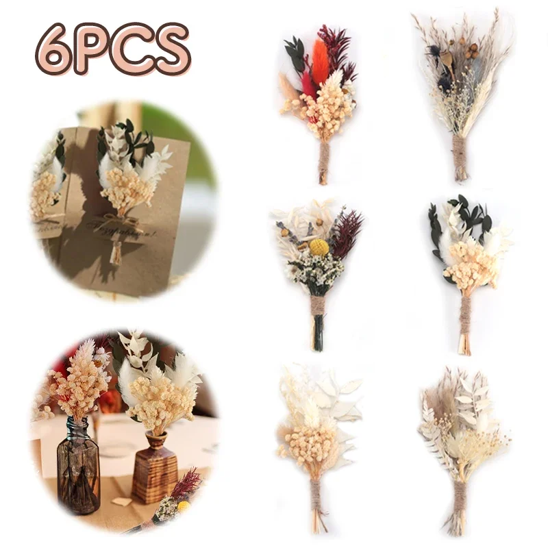 Mini Natural Dried Flowers Bouquet Groom Boutonniere Bridal Corsage Pampas Grass Boutonniere 6pc Bohemian-inspired Wedding Decor