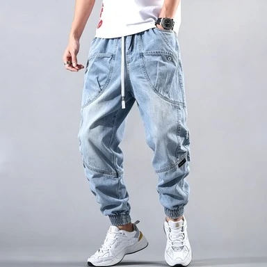 Street Elastic Jeans Men Denim Cargo Pants Wash Solid Color Multi Pockets Casual Mid Waist Trousers Daily Wear Joggers
