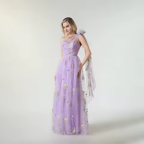 Women's Elegant One-Shoulder Floral Embroidery Tulle Long Prom Dress A-Line Formal Evening Party Gown