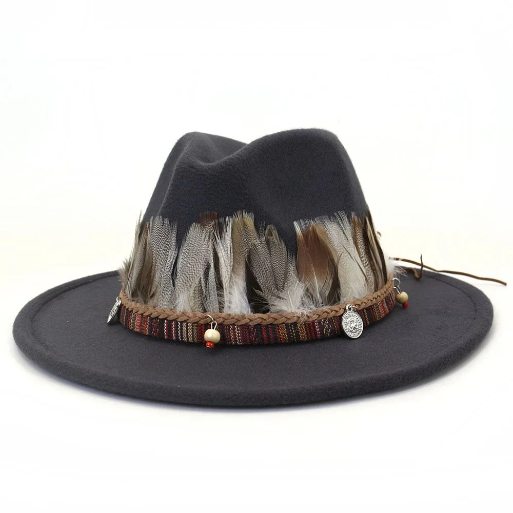 Feather Ethnic Style Decorative Band Fedora Hat Men Women Jazz Flat Brim Hat British Woolen Knight Cap 6