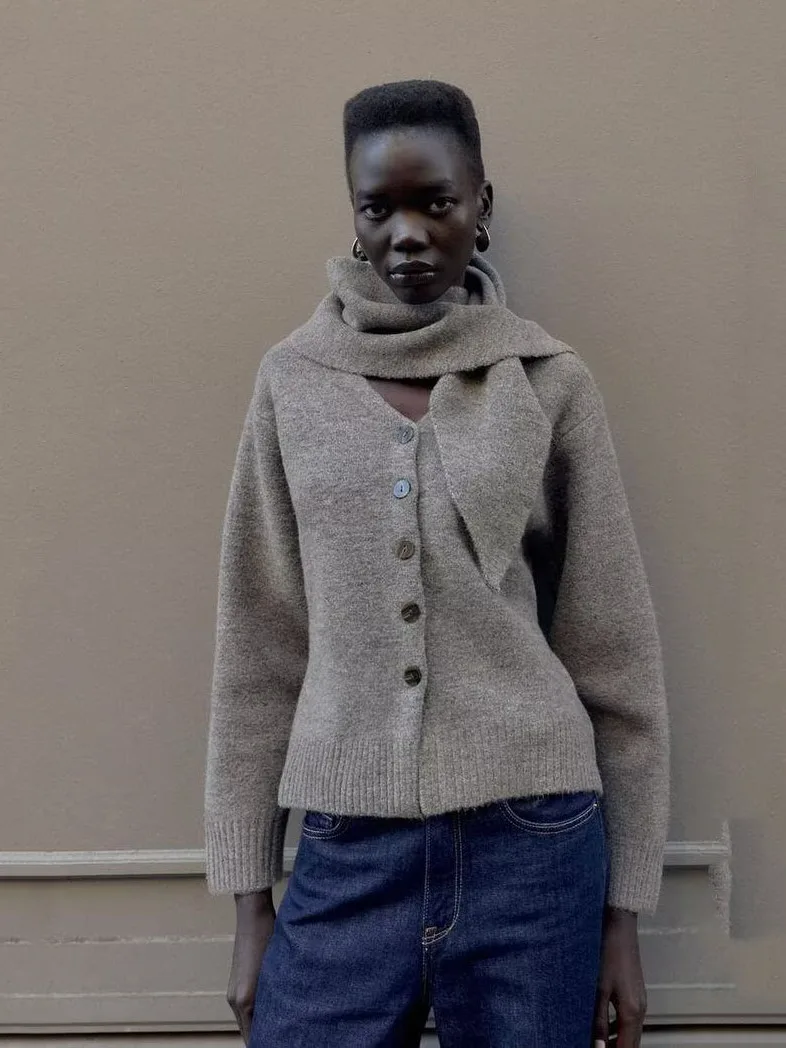 冬の新作-レディース-ニットスカーフ付きアウター-防風-暖かい-長袖-ハイネック-スタンダードフィット-カジュアルスタイル