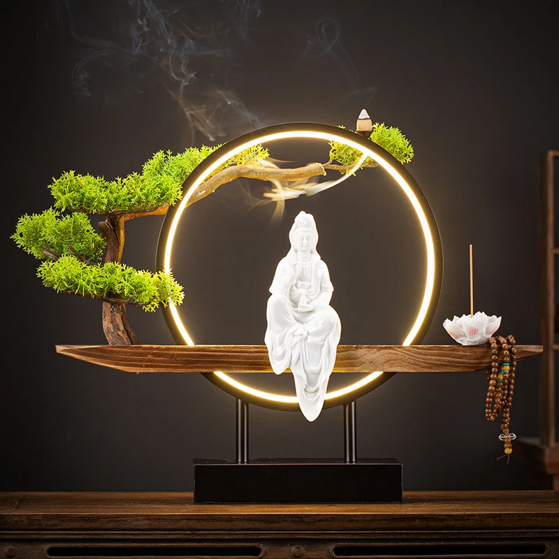 Zen-Inspired Guanyin Bodhisattva Buddha Statue Ceramic Ornament With Reverse-Flow Incense Burner For Foyer, Living Room, And Hom
