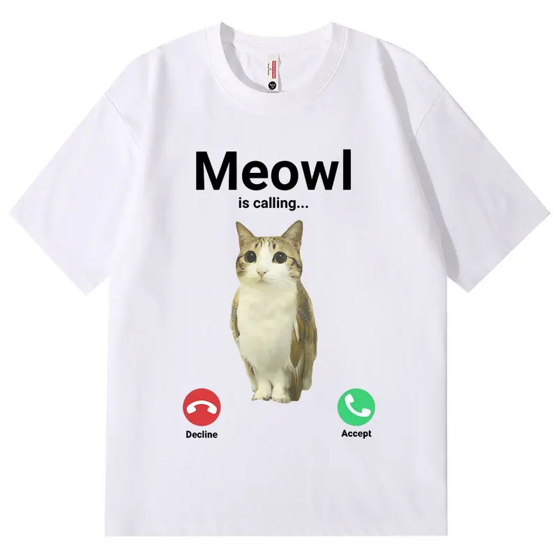Meowl Is Calling Funny Cat Owl Meme T Shirt Summer  Short Sleeve T-shirts Men Women Fashion Casual Oversized T-shirt