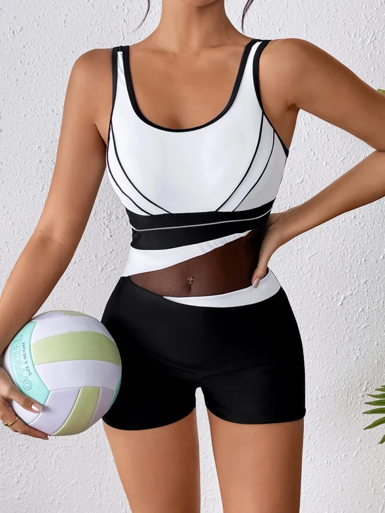 One Piece Swimsuit Women 2026 New Solid Sling Shorts Bodysuit Sexy Splicing Swimwear Summer Monokini Beach Bathing Suit Female