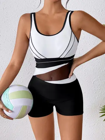 One Piece Swimsuit Women 2025 New Solid Sling Shorts Bodysuit Sexy Splicing Swimwear Summer Monokini Beach Bathing Suit Female