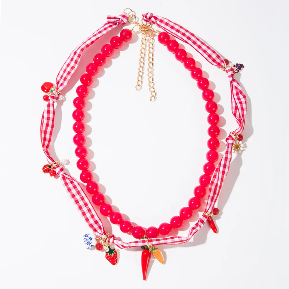 

Red Gingham Ribbon Vegetable Charm Double Layer Fruit Beaded Choker Picnic Fresh Summer Style Cottagecore Statement Neckpiece