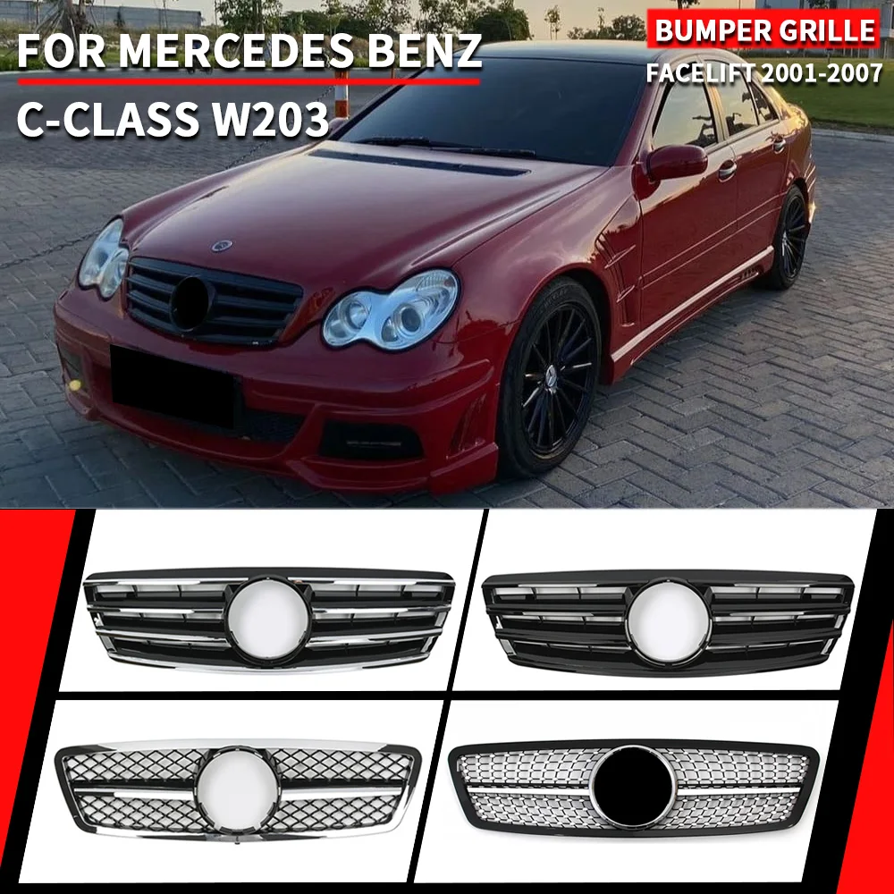 For Mercedes Benz C-Class W203 2001-2007 C200 C240 C320 Chrome Silver Diamonds Style Grille Black GTR Style Front Bumper Grille