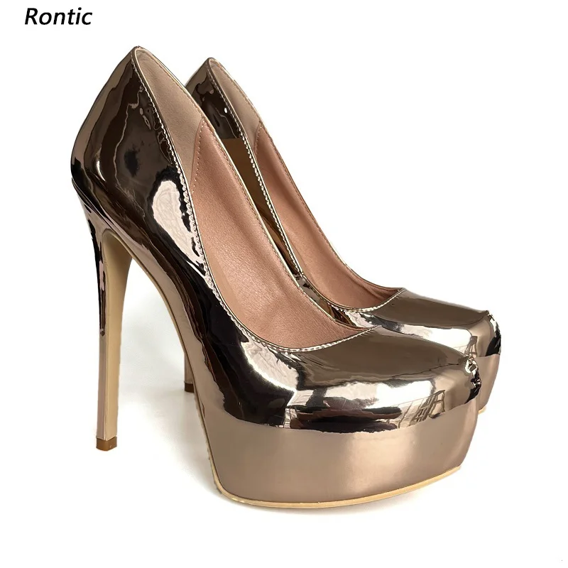 

Rontic Handmade Women Platform Pumps Sexy Stiletto Heel Round Toe Beautiful Champagn Gold Silver Party Shoes Ladies US Size 5-20