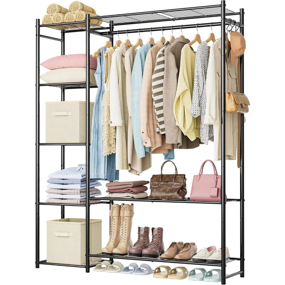 

Portable clothes hanger with 4 shelves, independent wardrobe organizer and storage system with hangers, black
