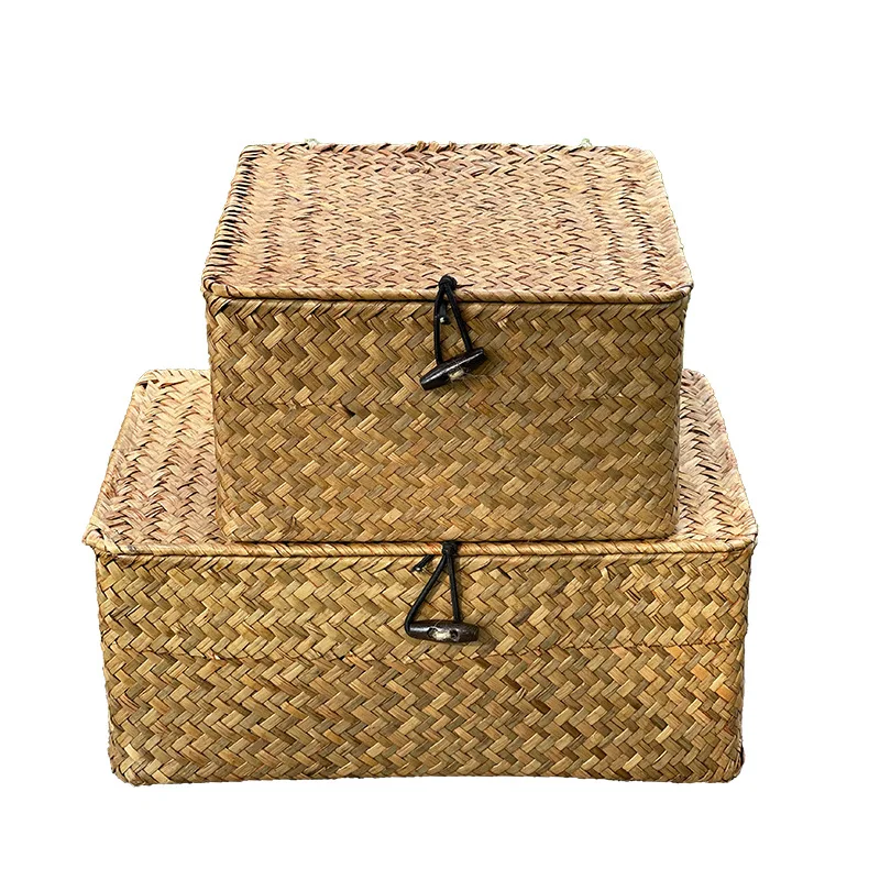 

Seaweed woven basket storage box with lid packaging gift box Desktop organizer storage Outdoor picnic fruit flower girl basket