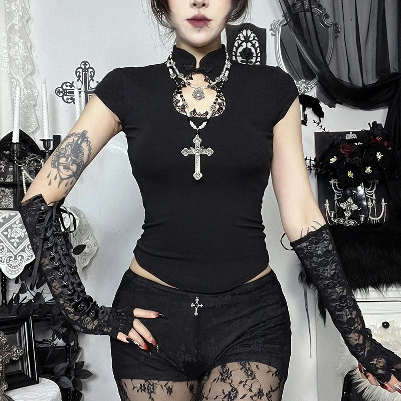 Goth Dark Vintage Fashion Cheongsam Style Short Sleeve Crop Tops Mall Gothic Hollow Out T-shirts Teachwear Casual Slim T-shirt