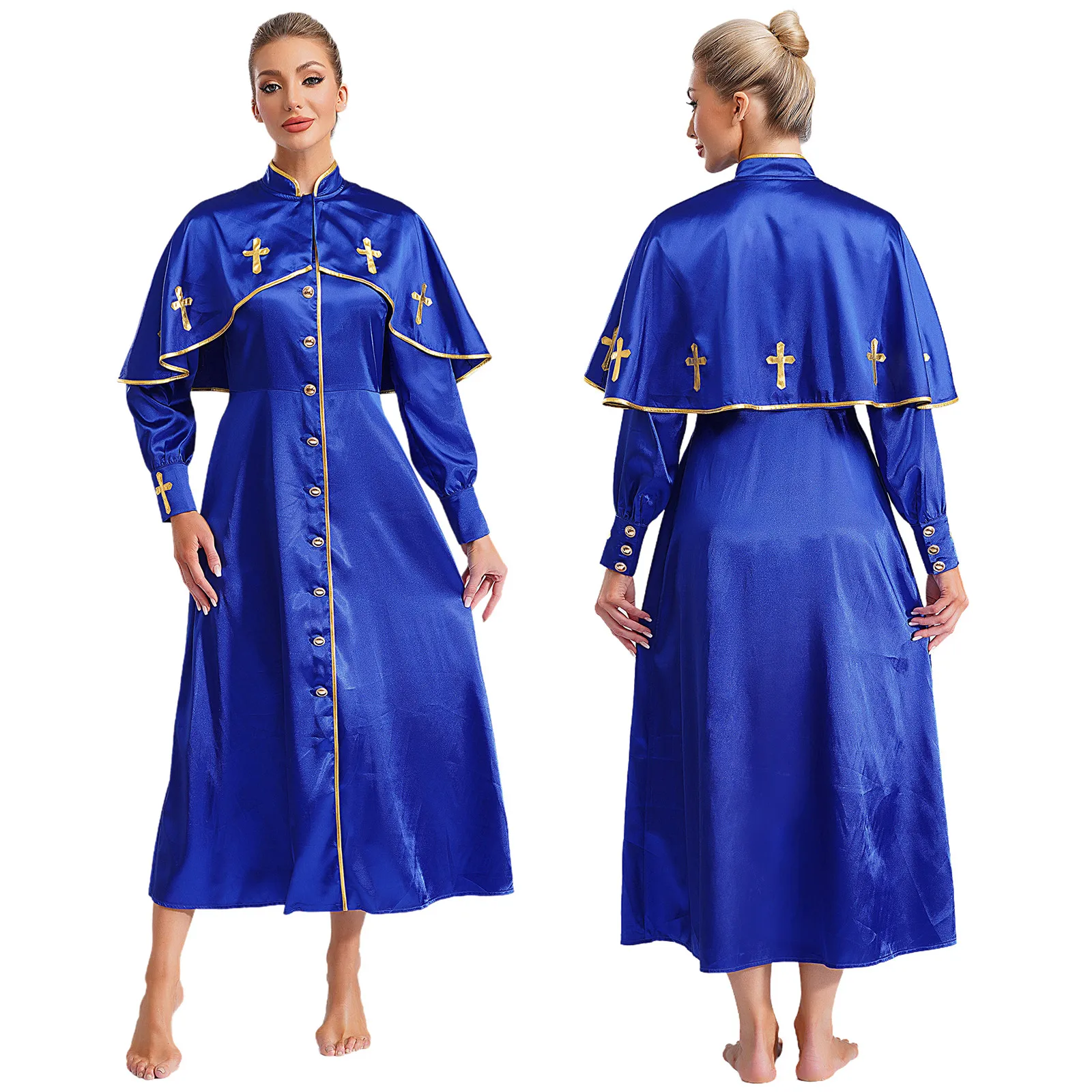 

Women Metallic Trim Church Choir Robe Stand Collar Long Sleeve Button Loose Fit Dress Performance Halloween Theme Party Costume