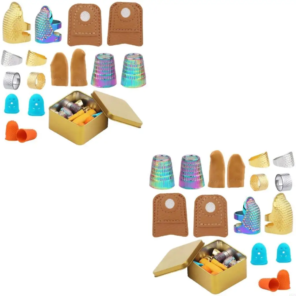 

R66A Sewing Needle and Thimble Set, Leather Finger Protector Metal Thimble Rings Silicones Finger Guards Leather Coin Thimble