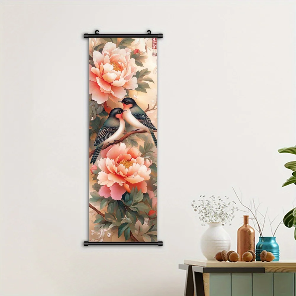 VIKAMA Peony Birds Canvas Wall Art Framed Floral Scroll Home Decor Living Room Bedroom Christmas Gift