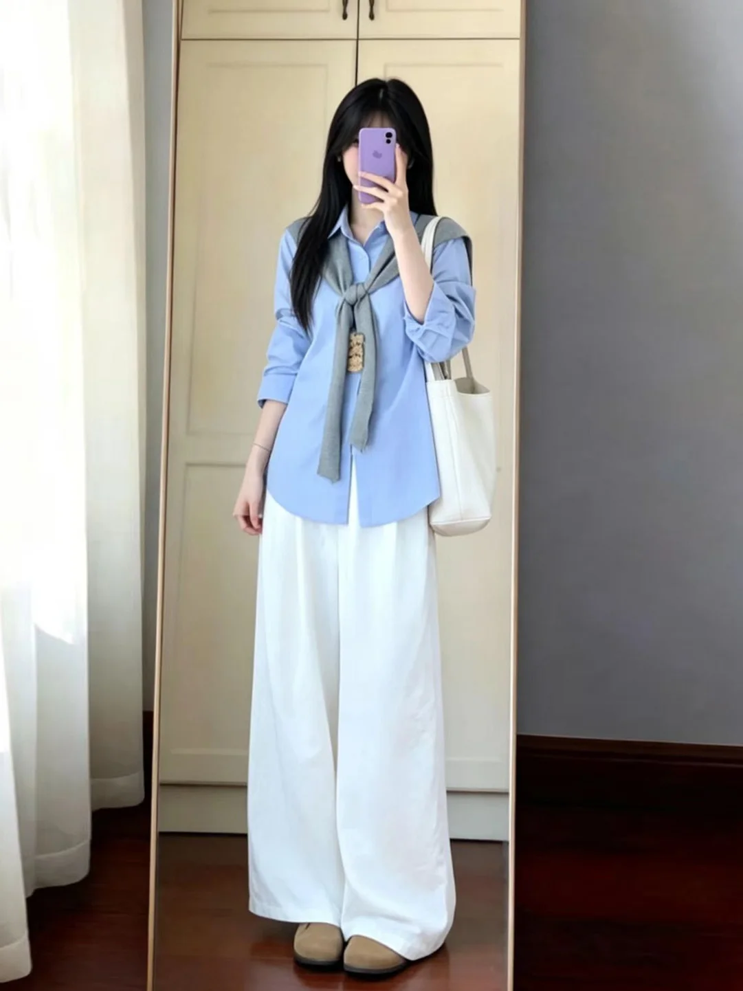 

Fashionable Long Sleeve Shirt Women's Spring New Style Grey Shoulder Wrap Stylish Set Casual Commute High Waist Pure Color