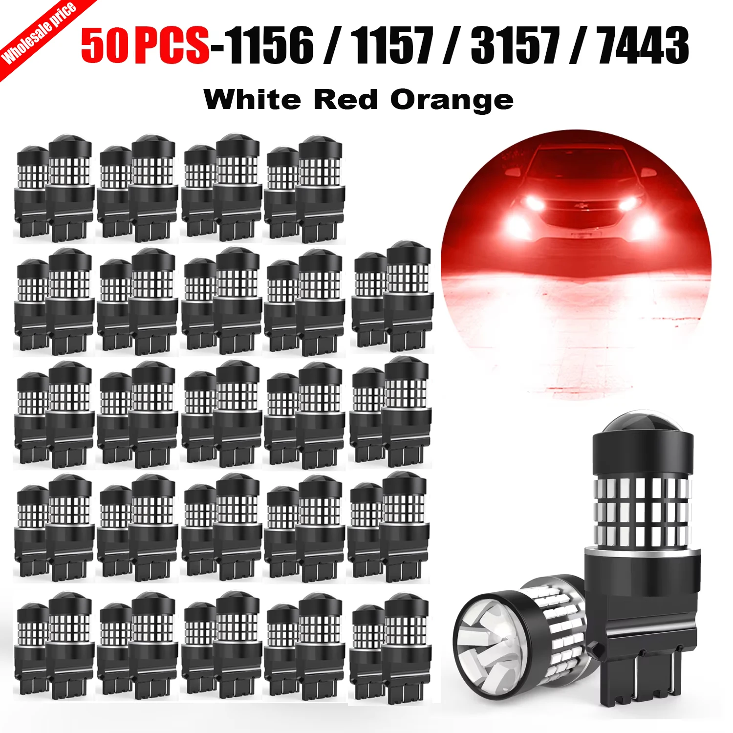 50pcs P21W BA15S BAY15D P21/5W 3157 7443 LED Turn Signal Bulb Error Free For Peugeot Toyota Volvo Chevrolet Dacia Fiat Kia Mazda