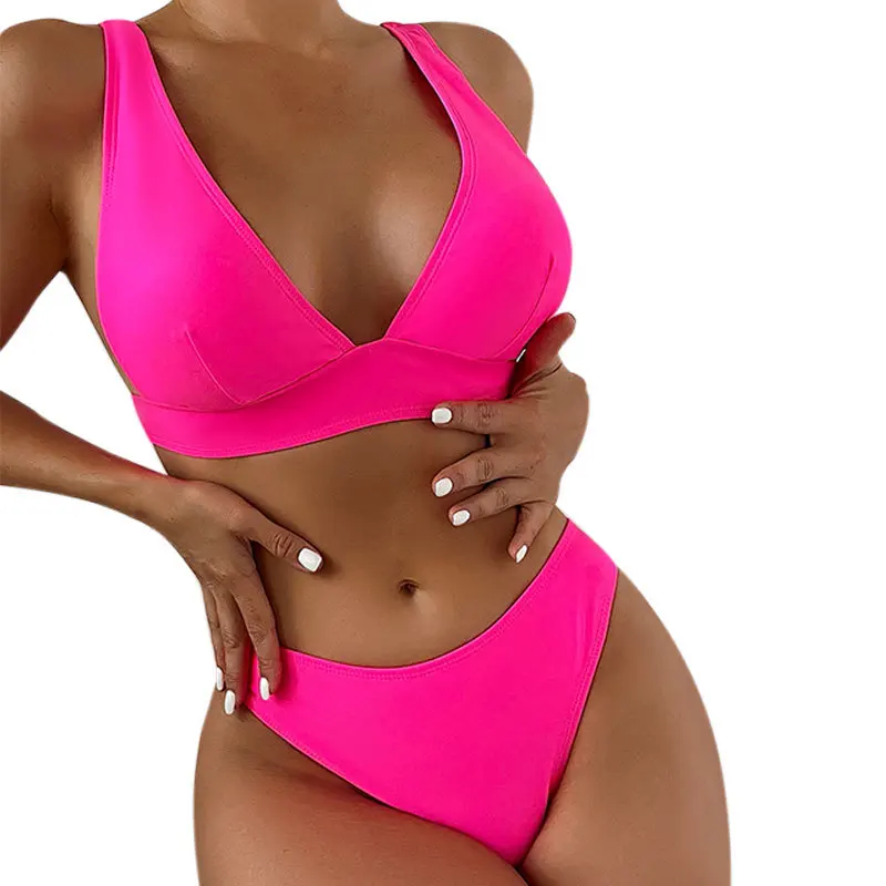 Fashion Micro Bikini Swimwear Bikinis Sets Bathing Suit Women Two Piece Suits High Waisted Solid Plastic V-neck Beach Swimsuit