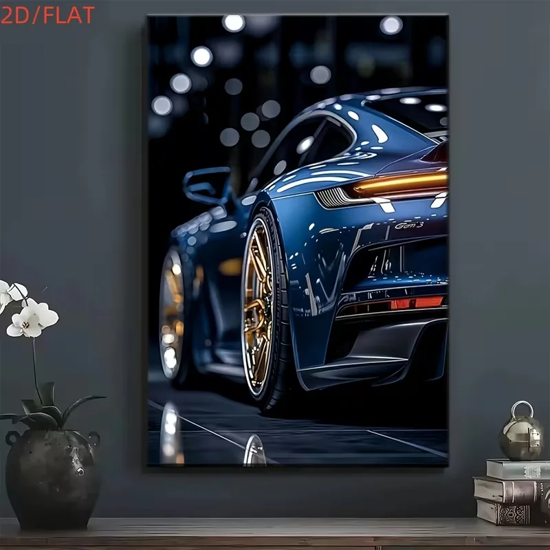2D Flat A Classic Sports Car Canvas Print in 2D, Featuring Modern Automotive Illustrations for Decoration, Suitable for Home Off