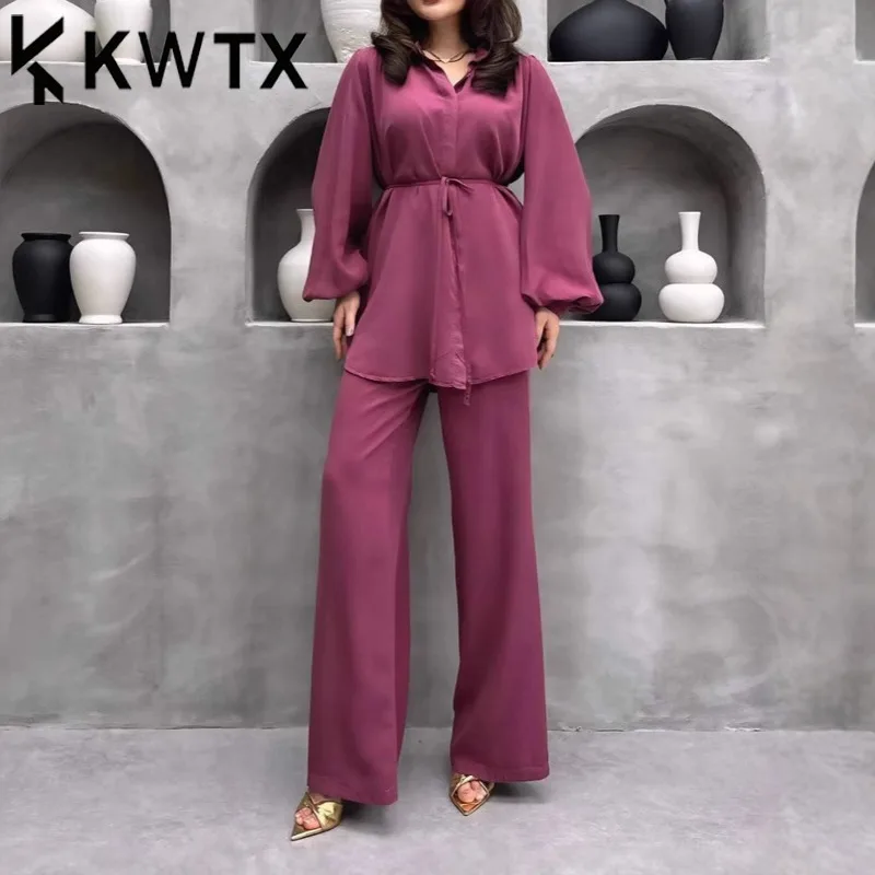 

KWTX Designer Women's Two Piece Set Puff Sleeve Tie Waist Wide Leg Pants Casual Solid Color Luxury Outfit Spring Summer 2025
