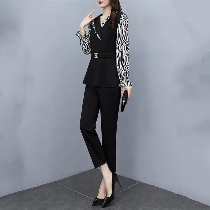 Women Leopard Patchwork Turn Collar Pants Sets 2023 New Autumn Clothes Fashion Slim Female 2 Pieces Outfits Suits High Quality