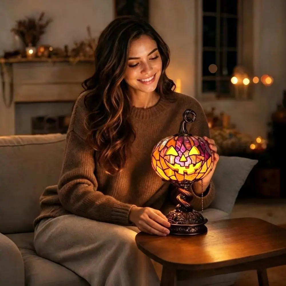 Halloween Pumpkin Decor Lamp Resin Craft Table Ornament Retro Style Atmosphere Light Creative Festival Gift Present