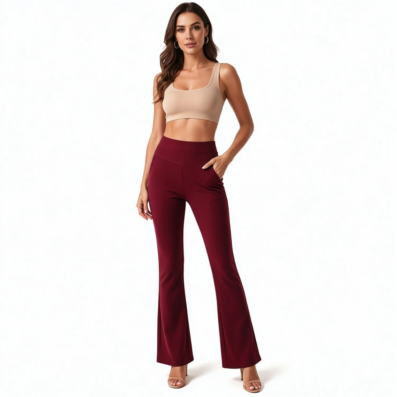 Women's High Waist Tummy Control Flare Pants Burgundy Stretchy Yoga Fabric Bootcut Trousers with Hidden Pockets Casual Work
