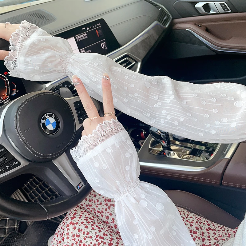 Sweet Chiffon Lace Breathable Long Puff Sleeves Women's Ins Style Sunscreen Ultra-thin Summer Sleeves Arm Ice Gloves 1 Pair