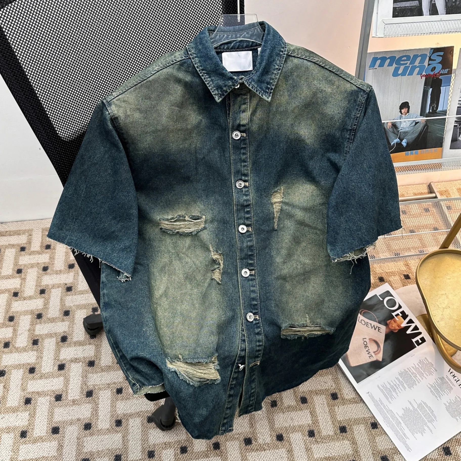 Summer Fashion Men's Ripped T-shirt American Retro Washed Short Sleeve Denim Shirt Casual Loose Male Single Breasted Tees
