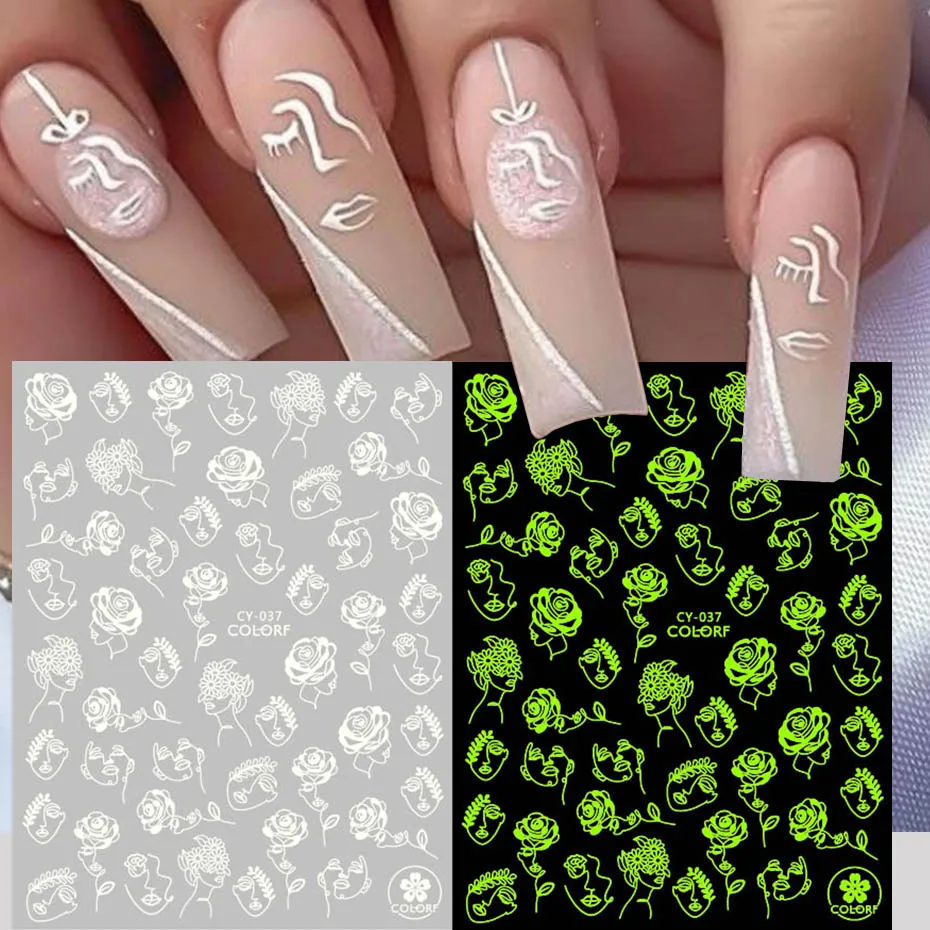 Luminous Abstract Face Nail Art Stickers 3D Rose Heart Moon Sun Leaf Manicure Stickers Glow In The Dark Nail Decor SACY037-043